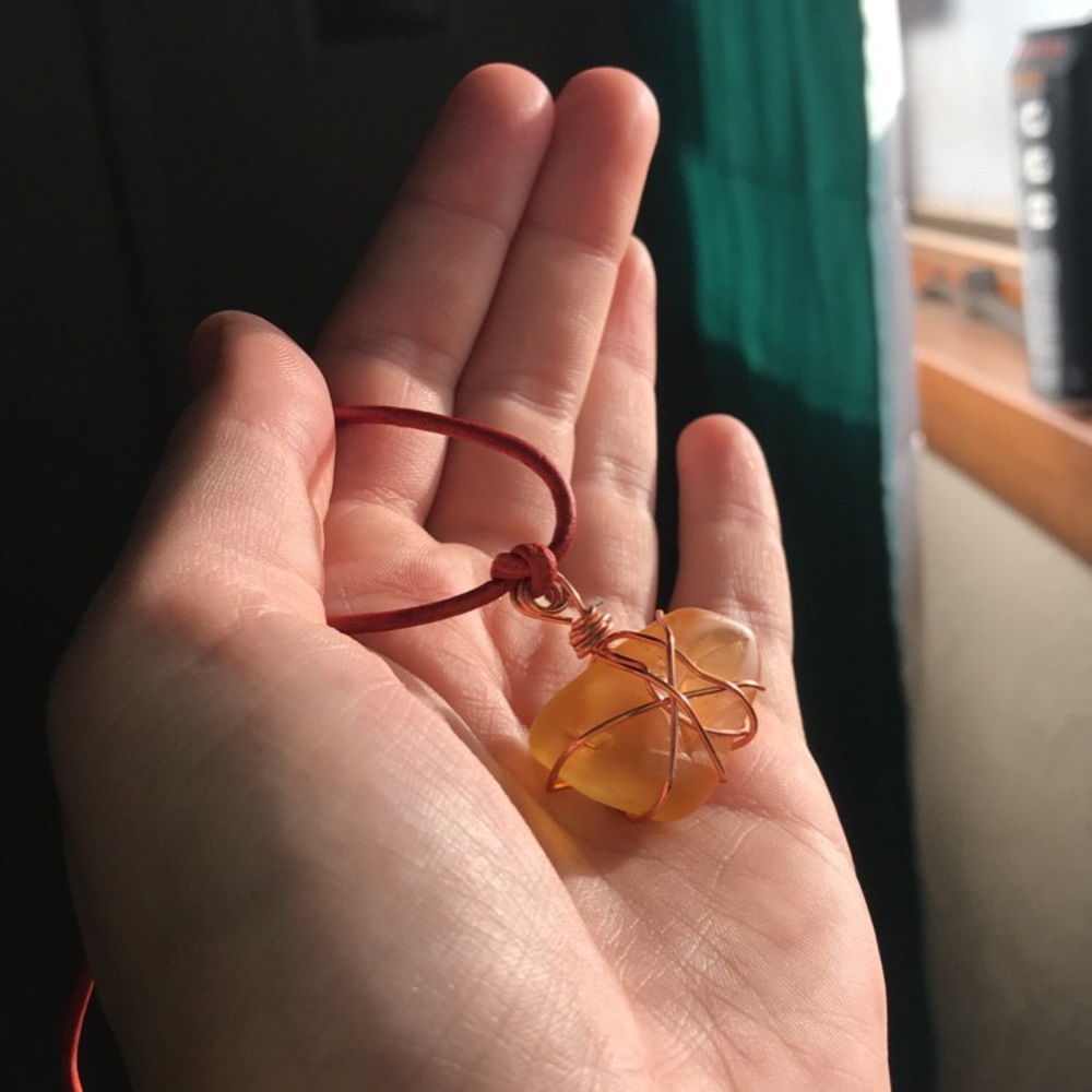 Yellow copper wrapped stone necklace